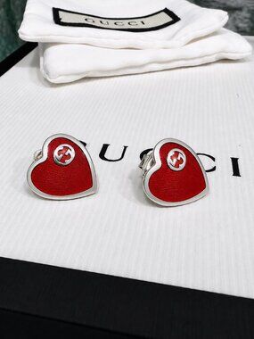 Gucci Red Enamel Sterling Silver Heart Stud Earrings